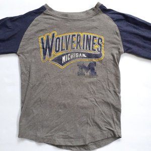 Kids University of Michigan T-Shirt Raglan Gray Navy Long Sleeve Size 6-7